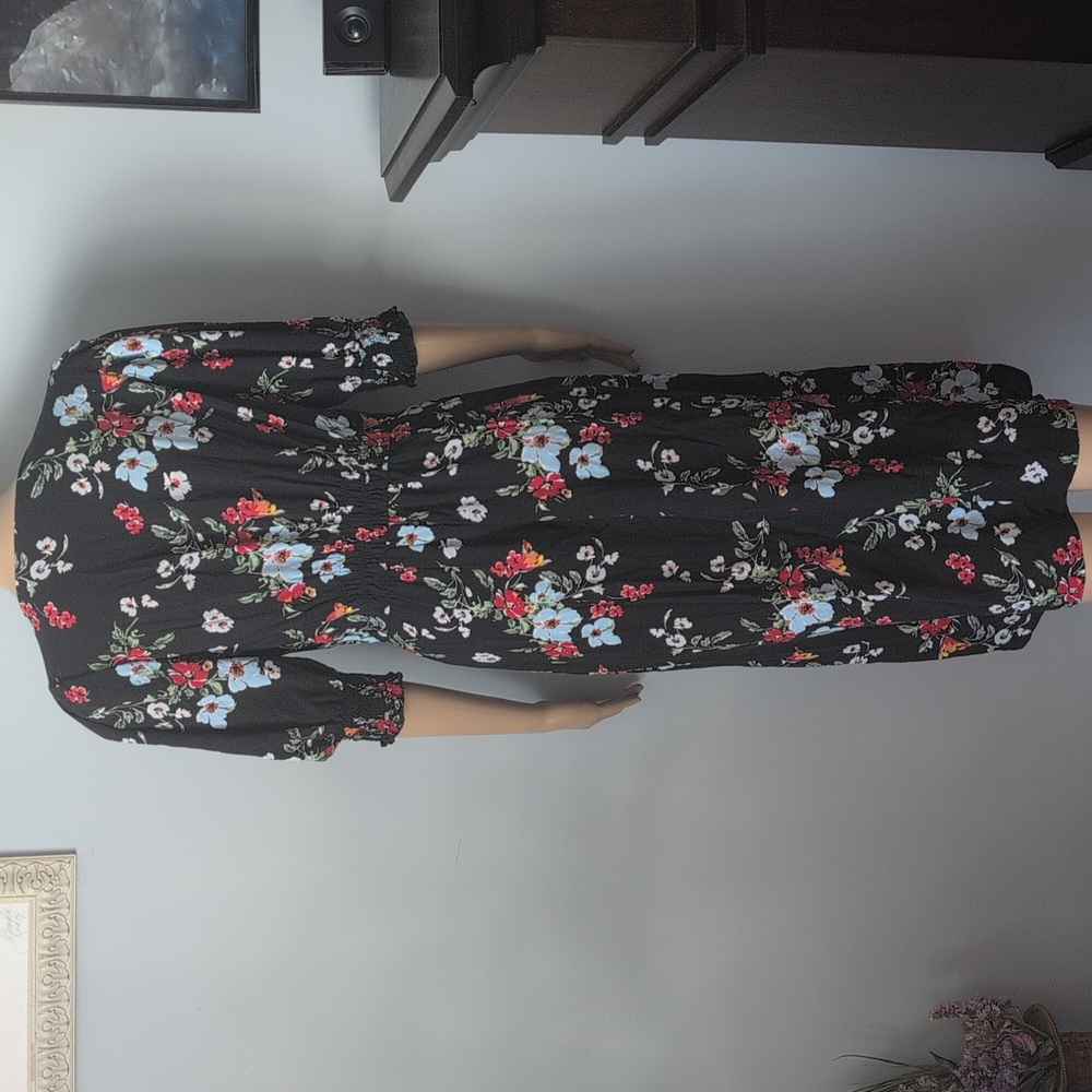 Banana Republic Floral Smocked Midi Dress Black Puff Sleeve V-Neck Size 8 - Picture 10 of 16